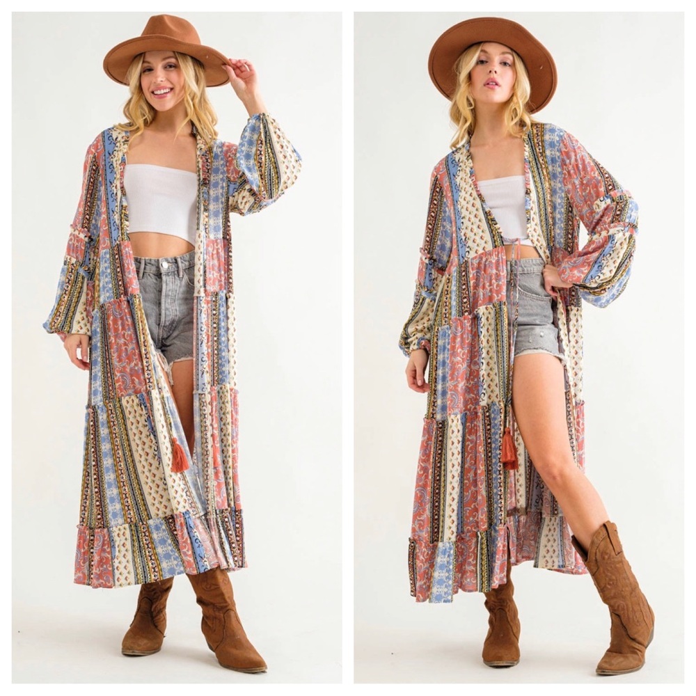 32 ✨RESTOCKED✨Boho Border Print Woven Kimono Long Cardigan - Picture 6 of 6
